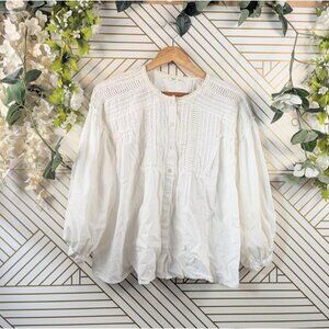 Mango MNG Women's Embroidered Top Peasant Blouse White Long Sleeve Tunic Boho XS